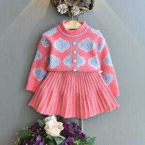 2 piece fashion knitted button cardigan and pleated skirt set