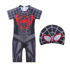 Kids Black SpiderMan Full-Body Swimsuit with Mask Cap