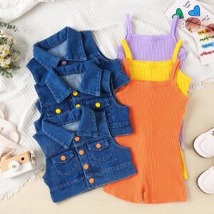 Girls 2-Piece Denim Vest With Sleeveless Jumpsuit