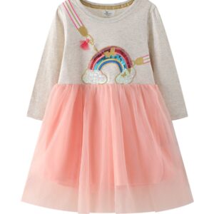 Pink Rainbow Designed Tulle Long Sleeved Dress
