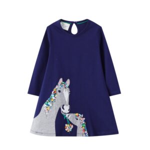 Navy Blue Long Sleeved Dress with Horses Design