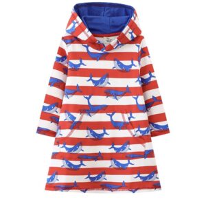 Red and Blue Hooded Long Sleeved Striped Dress with Whale Design
