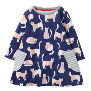 Blue Long Sleeved Dress with Striped Pockets and Cats Design