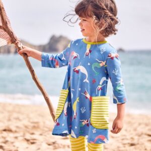 Blue Long Sleeved Dress with Striped Pockets and Mermaid Design