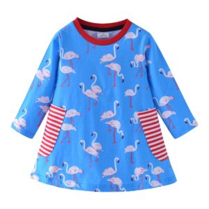 Blue and Red Long Sleeved Dress with Striped Pockets and Flamingo Design