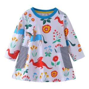 White Long Sleeved Dress with Striped Pockets and Horses and Flowers Design
