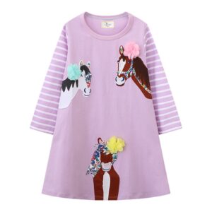 Light Purple Striped Long Sleeved Dress with Horses Design