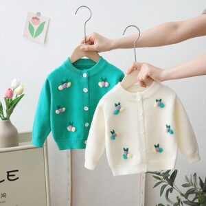 Knitted Round Neck Cardigan with Berries Embroidered Embossed Design