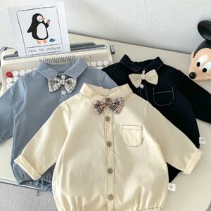 Baby Boy Long Sleeved Romper with Bow Tie
