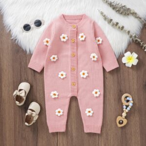 Pink Knitted Baby Romper With Embroidered Flower Design