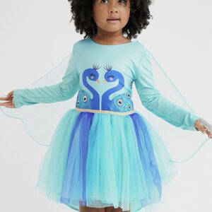 Blue Long Sleeved Dress with Peacock Design