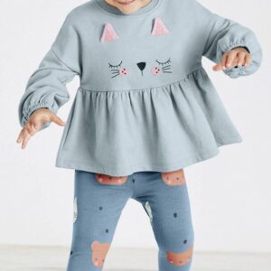 Cat Designed Ruffled Top with Matching Pants