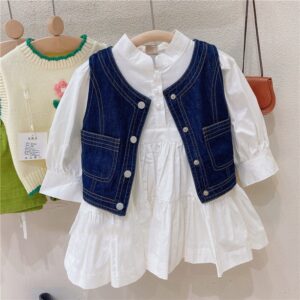 Girls Clothing Set Lady Style Long Sleeved Dress with Denim Vest