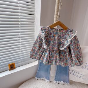 Ruffled Long Sleeved Floral Top with Flared Retro Pants