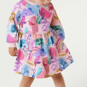 Pink Rainbow Cartoon Designed Long Sleeved Dress