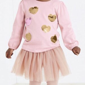 Pink Heart Designed Long Sleeved Jersey Top with Matching Tutu Pants