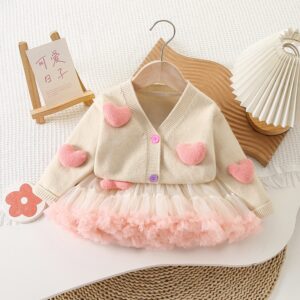 Knitted Button Down with Heart Embroidered Design Jersey Top with Matching Tutu Skirt