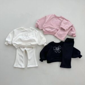 Bow Knot Designed Matching Girls Cotton Tracksuit Top and Pants