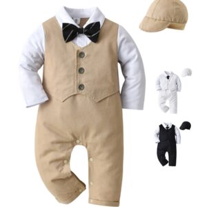 Stylish baby formal outfit with bow tie and cap