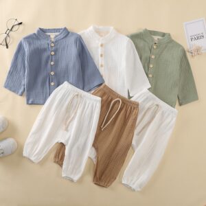 Boys Spring Outfit Set with Long Sleeved Shirt and Pants with Elastic Waist