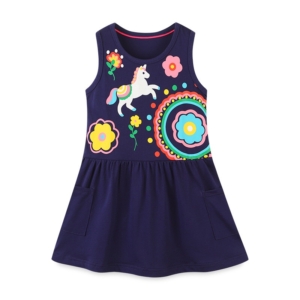 Navy Blue Short Sleeved Unicorn and Flowers Designed Dress