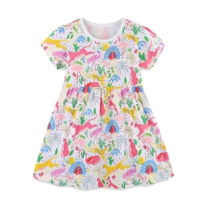 White Short Sleeved Animals Designed Dress