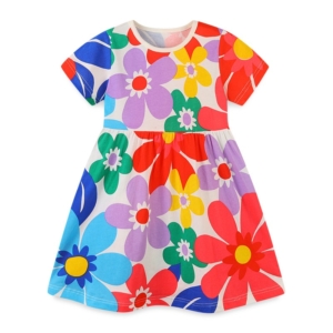Bright Multicolor Floral Print Toddler Dress – Short Sleeve Summer Dress