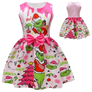 Girls’ Pink Christmas Dress with Santa Grinch Print & Bow – Holiday Party Outfit