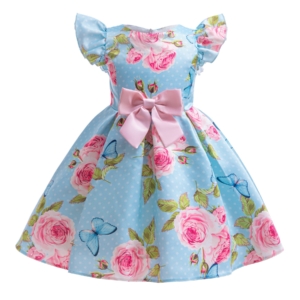 Girls Blue Floral Butterfly Dress with Pink Bow - Elegant Party Dress