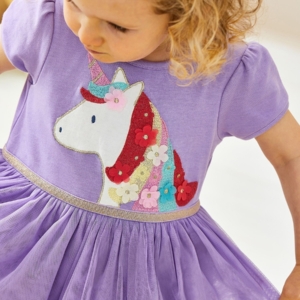 Girls Unicorn Tulle Dress with Floral Embroidery