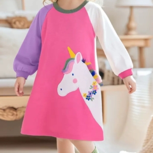 Girls Pink Long Sleeve Unicorn Dress with Colorblock Sleeves (1–7 Years)