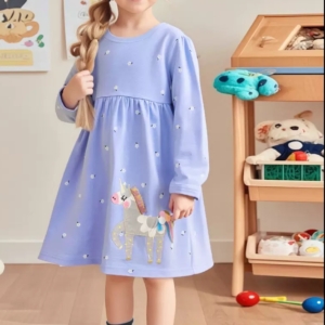 Girls Lavender Long Sleeve Unicorn Dress (1–7 Years)