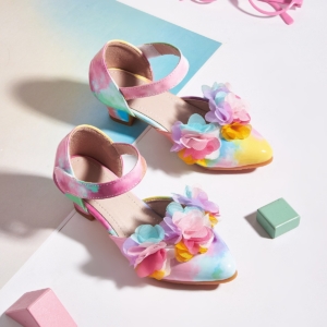 Girls Rainbow Watercolor Flower Heel Sandals | Party Shoes