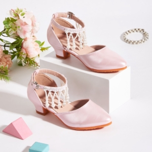 Girls Pearl Anklet Pink Heel Dress Shoes