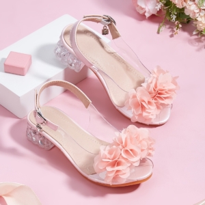 Girls’ Pink Floral Clear Block Heel Sandals | Party Shoes