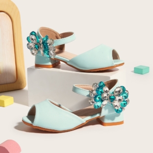 Girls Aqua Blue Crystal Bow Block Heel Sandals | Party Shoes