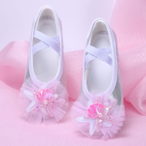 Girls Mermaid Starfish Ballerina Shoes – Silver Party Flats with Seashell & Pearl Detail