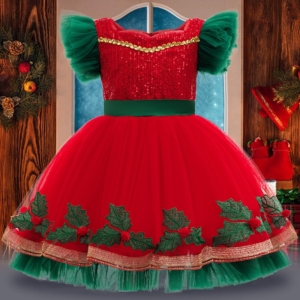 Red Sequin Holly Christmas Tulle Dress – Girls 3–10 Years