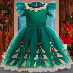 Green Christmas Tree Embroidered Tulle Dress – Girls 2–10 Years