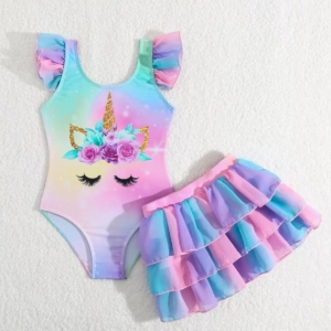 Girls Unicorn Ruffle Swimsuit with Matching Layered Tulle Skirt – 2-Piece Swim Set