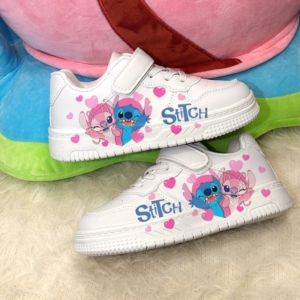 Stitch & Angel Girls White Sneakers – Character Print Kids Shoes