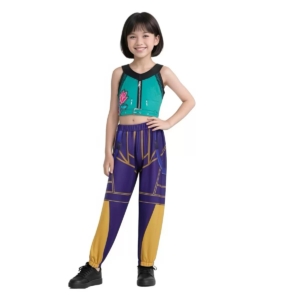 Girls K-Pop Demon Hunters Zoey 2-Piece Costume Set – Teal Top & Purple Jogger Pants (Ages 4–11 Years)