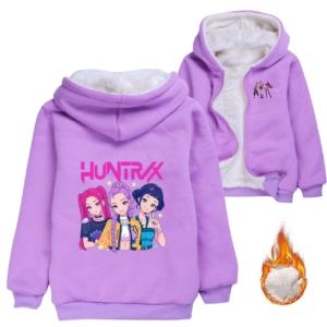 Girls Huntrix Kpop Sherpa Zip Hoodie – Fleece Lined Kids Winter Jacket