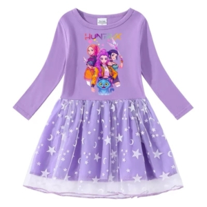 Girls Purple Huntrix Star Tulle Dress – Long Sleeve Character Dress for Kids