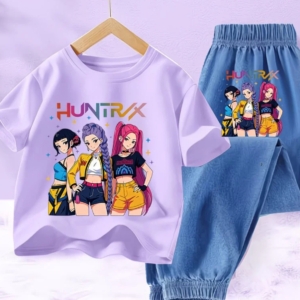 Girls Huntrix 2 Piece Outfit Set – Kids Character T-Shirt & Denim Pants Set