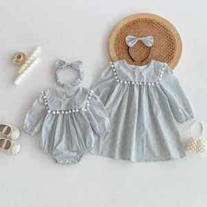 Girls Floral Puff Sleeve Dress & Baby Romper – Matching Sibling Outfits with Bow Headband (3 Months – 9 Years)