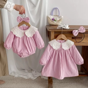 Girls Pink Puff Sleeve Dress & Baby Romper – Lace Collar Matching Sibling Outfits with Bow Headband (3 Months – 9 Years)
